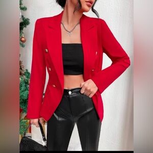 SHEIN Lapel Neck Double Breasted Blazer - Red - S (4)